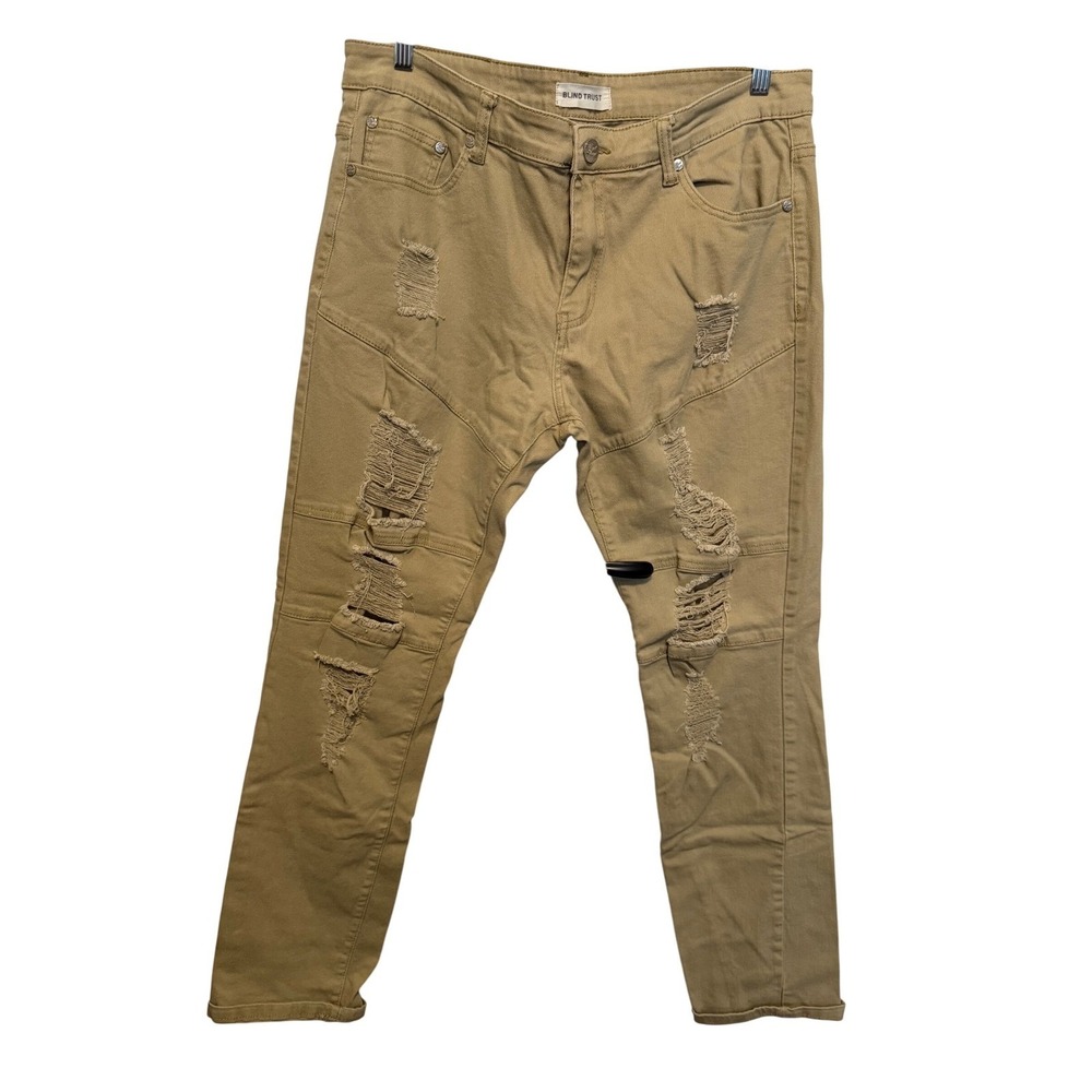Blind Trust Mens Distressed Moto Biker Jeans Khaki Tan Ripped Knee Panels 38" 32